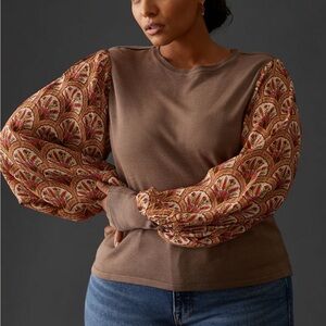 Anthropologie Brown Sweatshirt with Patterned Sleeves